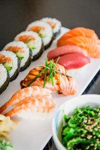 Close-up of sushi served on plate