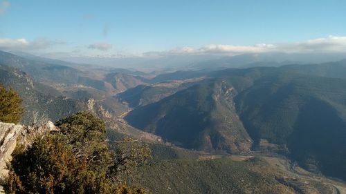 Panoramic view of landscape and mountains against sky