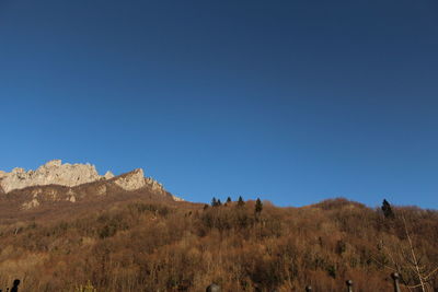 Scenic view of mountains against clear blue sky