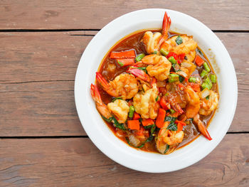 High angle view of food in bowl on table