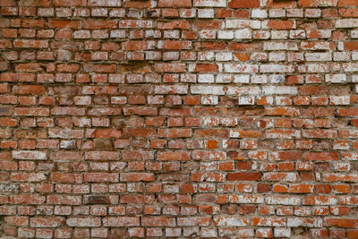 Flat brick wall with moss and whitewash leftovers full frame background and texture