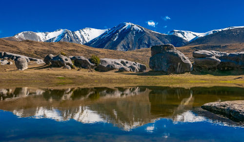 Scenic view of lake and mountains against sky