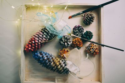 High angle view of painted pine cones in tray on table