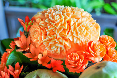Close-up of orange roses on plant