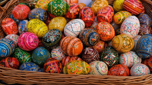 Beautiful colorful decor for easter. traditional easter painted colorful eggs. selective focus.