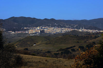 High angle view of townscape against clear sky