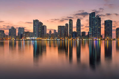 View of city at waterfront during sunset