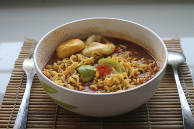 High angle view of noodles in bowl on table