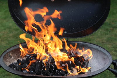 Close-up of bonfire on barbecue