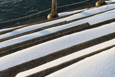 High angle view of snow on steps