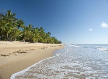 Idyllic tropical getaway at mission beach, queensland, australia with gentle surf lapping the shore