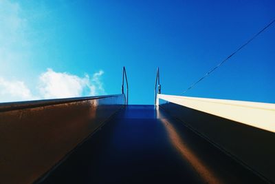 Low angle view of suspension bridge against blue sky