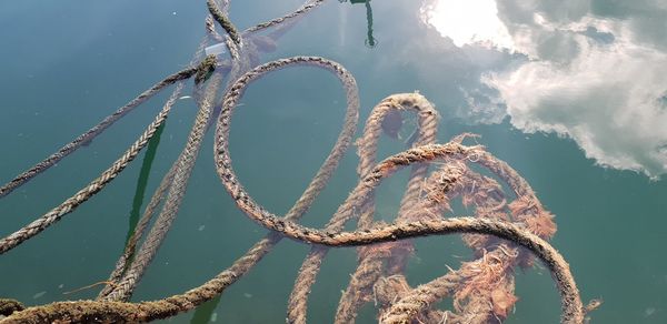 Low angle view of rope tied on metal against sky