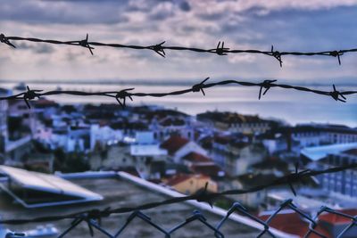 Close-up of barbed wire fence against buildings in city