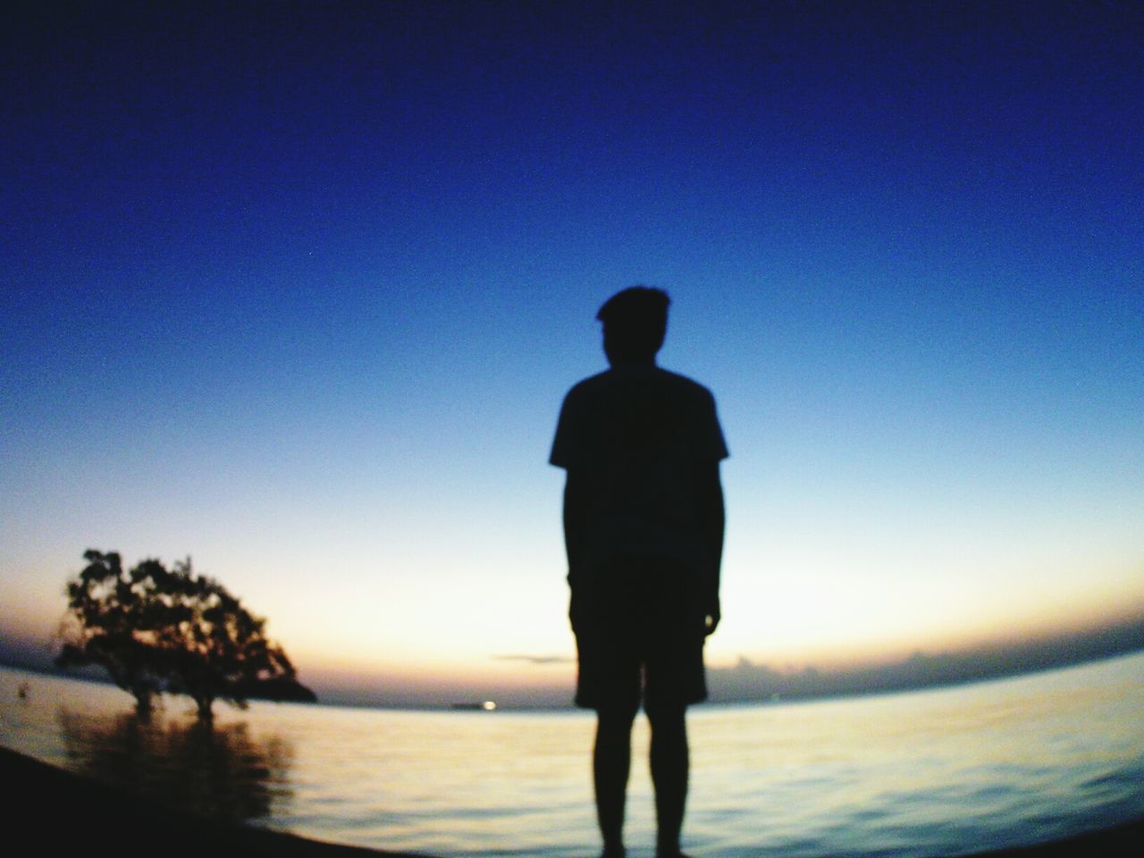 silhouette, sea, water, rear view, horizon over water, standing, beach, lifestyles, clear sky, sunset, leisure activity, tranquility, scenics, tranquil scene, shore, men, beauty in nature, copy space