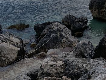 High angle view of rocks on beach