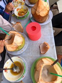 High angle view of breakfast on table