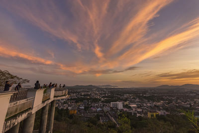 High angle view of buildings against sky during sunset