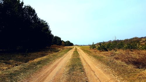 Dirt road amidst field against sky