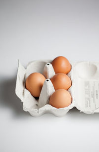 Close-up of eggs against white background