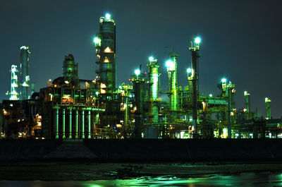 Illuminated factory against sky at night