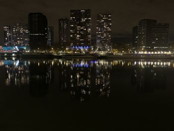 Reflection of illuminated buildings in city at night