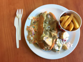 High angle view of breakfast served on table