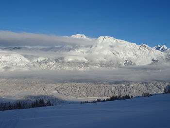 Scenic view of snow covered mountains against sky