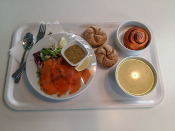 High angle view of meal served on table