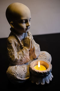 Close-up of tea light candles on table