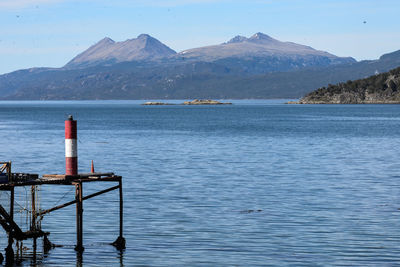 Scenic view of sea and mountains against sky