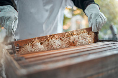 Midsection of man working on wood