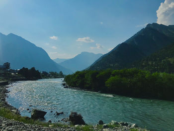 Scenic view of lake and mountains against sky