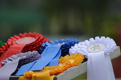 Close-up of various badges