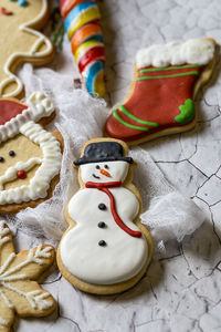 High angle view of cookies on table during christmas