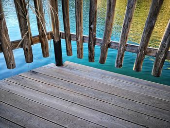 Boardwalk in swimming pool by sea