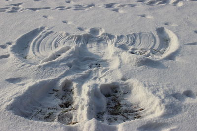 High angle view of snow angel