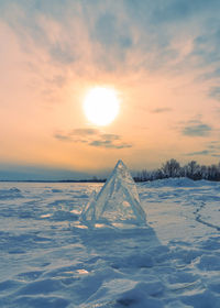 Snow covered land against sky during sunset