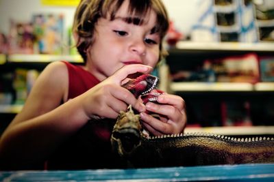 Portrait of child playing with toy dinosaurs