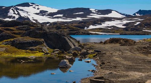 Scenic view of lake by snowcapped mountains against sky