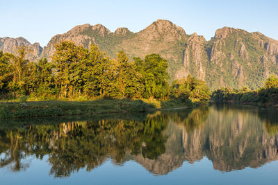 Scenic view of lake and mountains against clear sky