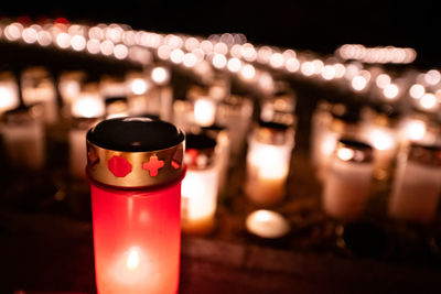 Close-up of tea light candles on table