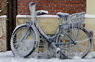 Close-up of bicycle during winter