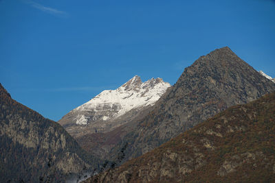 Low angle view of mountain against clear blue sky