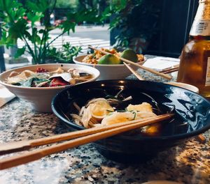 Close-up of food served on table