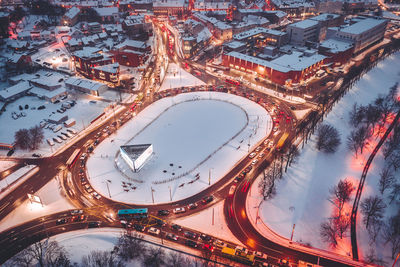 High angle view of illuminated city street