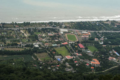 High angle view of trees and buildings in city