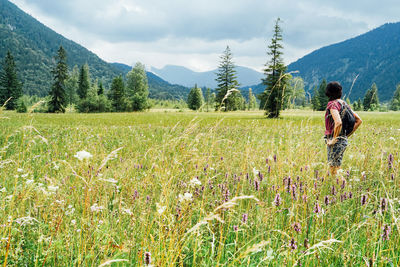 Rear view of woman walking on field