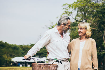 Couple standing in basket