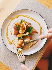 High angle view of food in plate on table